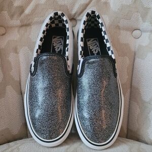 VANS CLASSIC SLIP-ON SHOES SILVER METALLIC GLITTER CHECK WOMEN'S 7.5 MEN'S 6